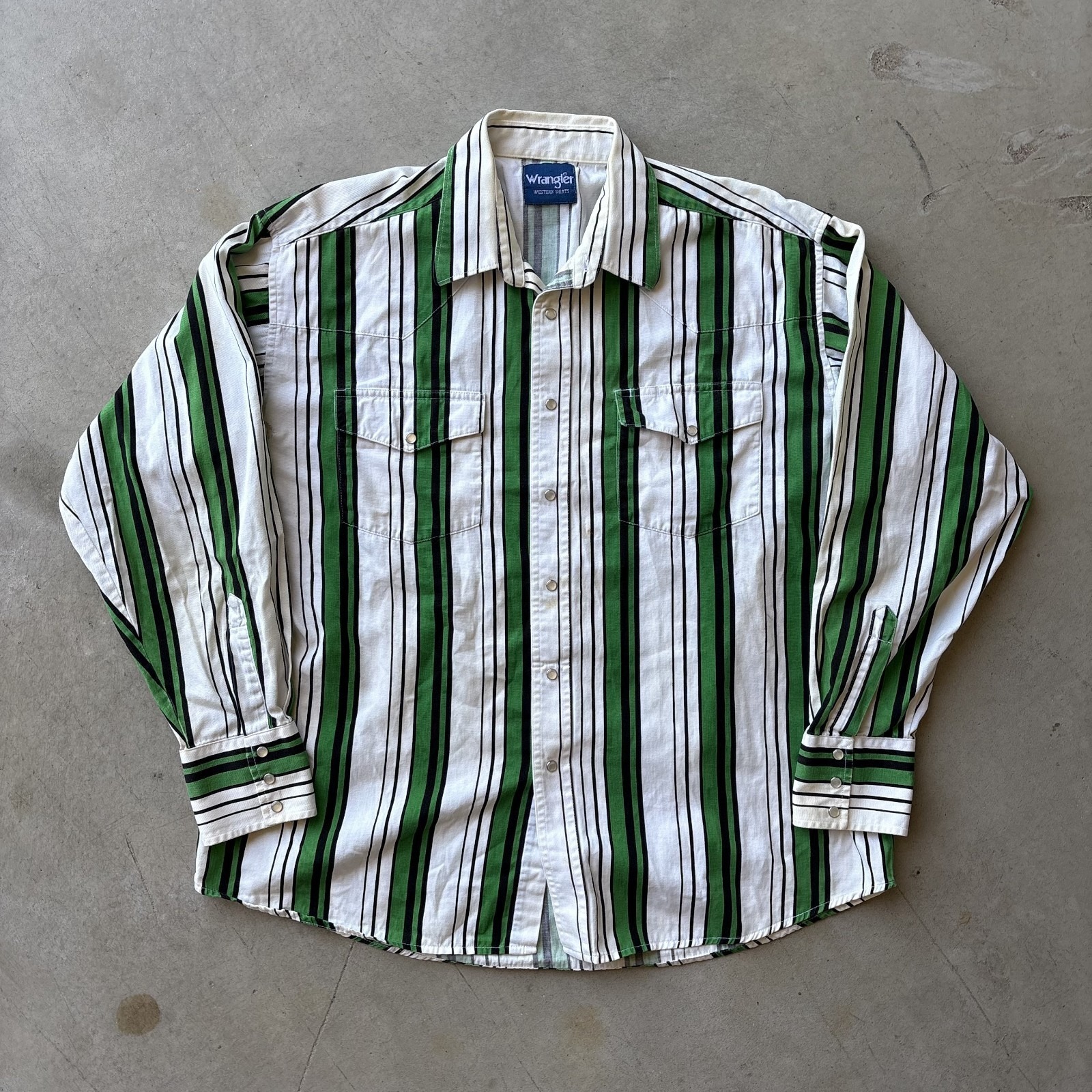 Vintage 90s Wrangler Western Shirt Pearl Snap Green Black White Stripe Cowboy